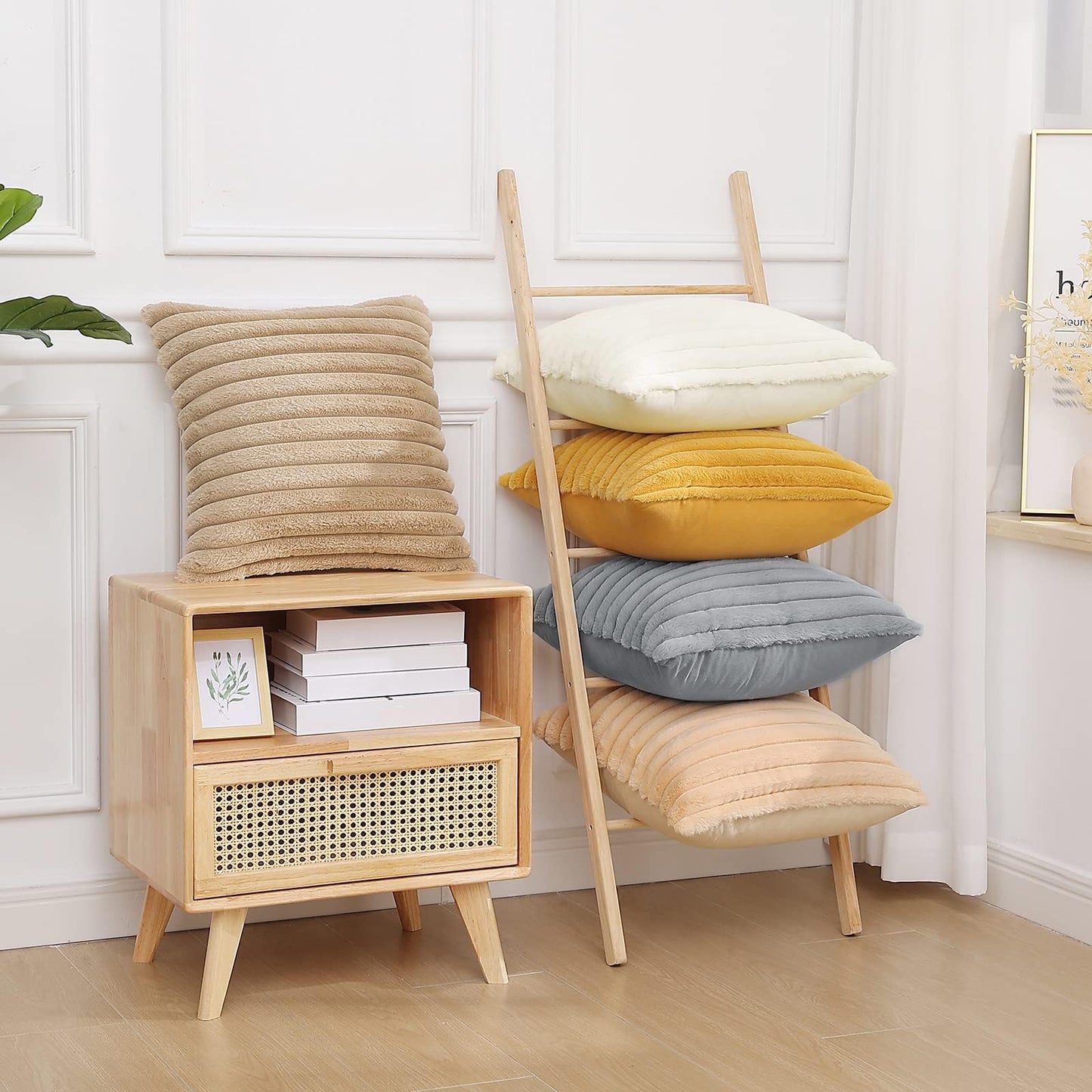 Pallene Faux Fur Plush Fall Throw Pillow Covers 18x18 Set of 2, Luxury Soft Fluffy Striped Decorative Pillow Covers for Sofa, Couch, Living Room, Cream White