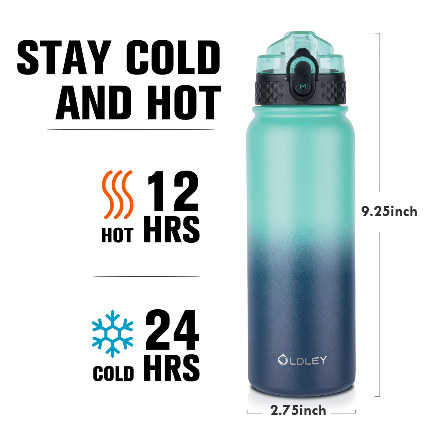 Oldley Insulated Water Bottle 20oz for Adults Kids Stainless Steel Water Bottles with Straw/Chug/Carabiner 3 Lids Fruit Strainer Double Wall Vacuum Wide Mouth BPA Free Leak-Proof for School Travel