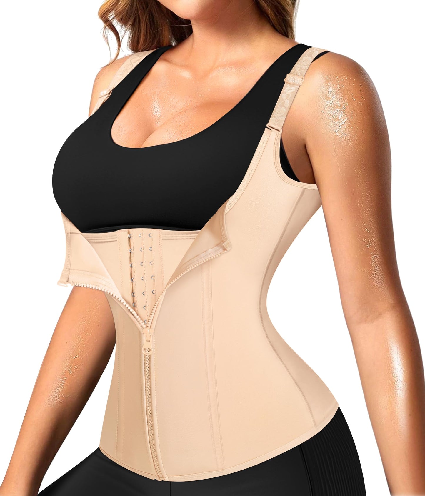 Nebility Women Waist Trainer Corset Zipper Vest Body Shaper Cincher Tank Top with Adjustable Straps (S, Beige)