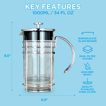 GROSCHE MADRID French Press - Premium Coffee and Tea Maker - 1.0L - 34oz - Borosilicate Glass Beaker - Dual Filter System For Rich Brew - Versatile Brewing | Stainless Steel Filter