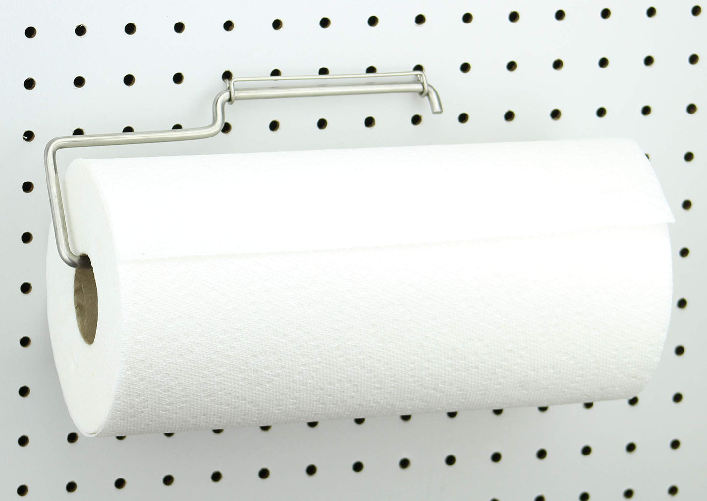 RightArrange One-Handed Tear Pegboard Paper Towel Holder - Stainless Steel - Hooks to Any Peg Board - Pegboard Accessories for Tool Shed, Garage, Workbench, Kitchen, Laundry or Craft Room Organization