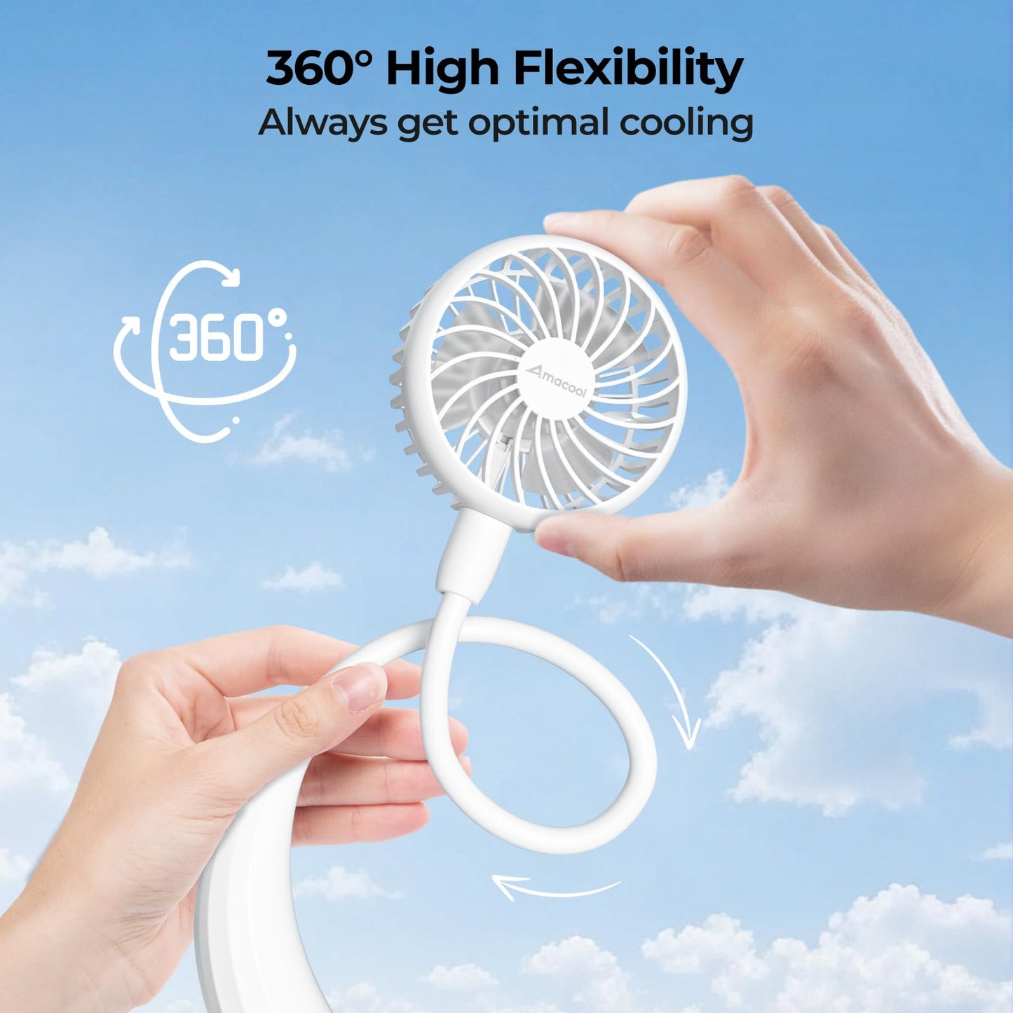 AMACOOL Neck Fan Battery Operated Neckband Fan Hand-Free Wearable Personal Fan for Hot Flashes Home Office Travel Outdoor Sports (White)