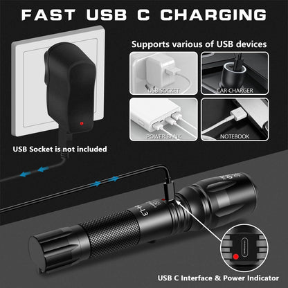 PHIXTON Rechargeable Flashlights High Lumens, USB C Chargeable LED Flashlight, Bright Strong Handheld Flash Lights, Long Lasting, Adjustable Focus, 5 Modes, for Emergencies Hiking Gift