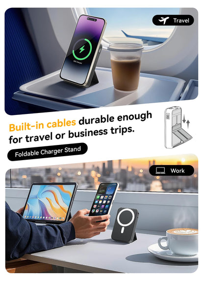 Gxorul Magnetic Portable Charger, 10000mAh Wireless Power Bank with 20W USB-C Fast Charging, Foldable Stand & LED Display Magnetic Battery Pack, Compatible with iPhone 16/15/14/13/12 All Series