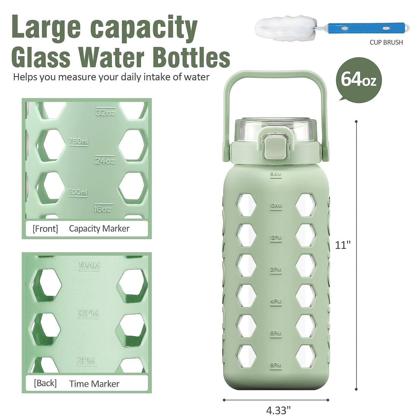 MUKOKO Half Gallon/64 oz Glass Water Bottles with Straw and Lid,Motivational Water Jug with Time Marker Reminder and Silicone Sleeve,100% Leakproof BPA Free Fitness Sports Large Bottle-Green