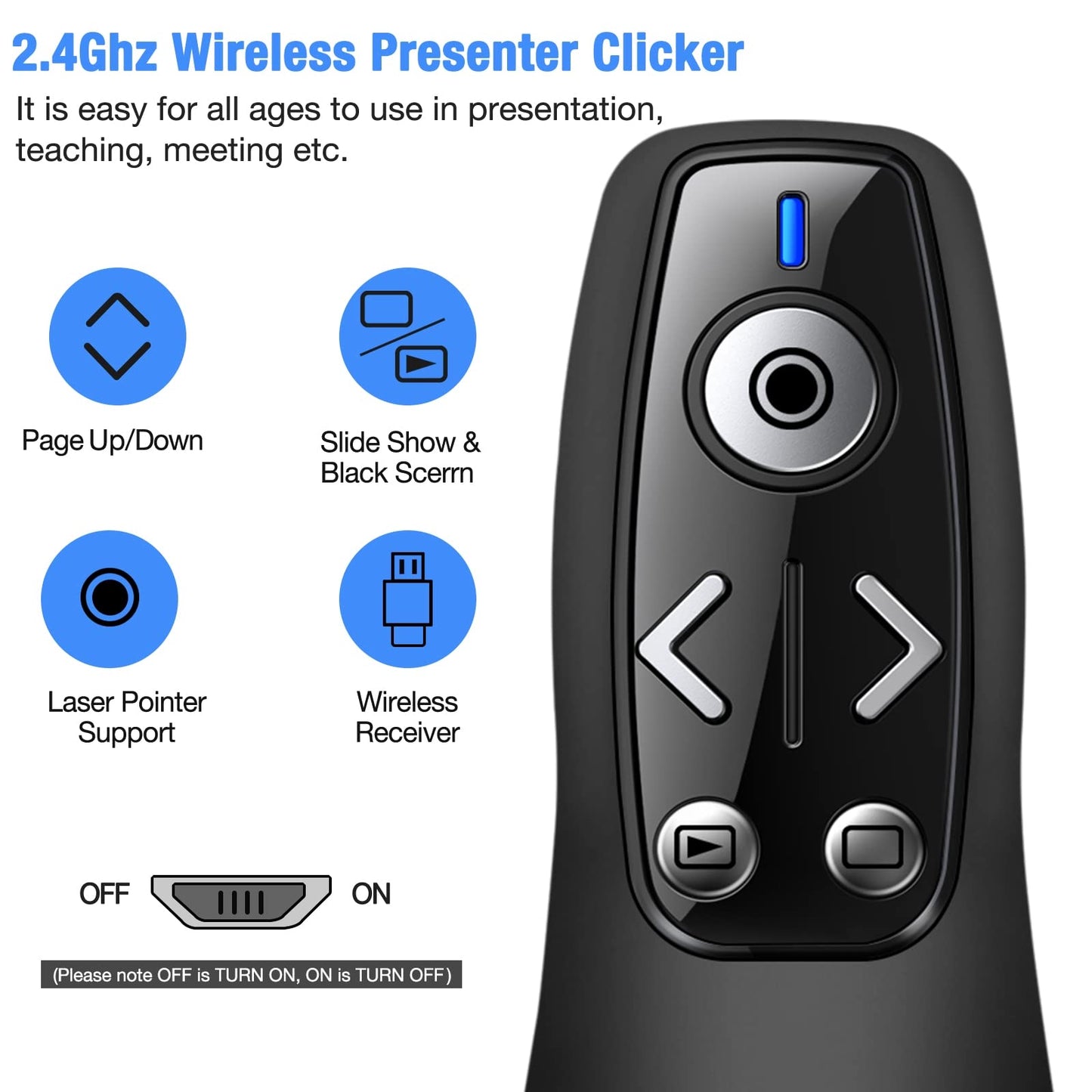Presentation Clicker Wireless Presenter Remote for PowerPoint, Powerpoint Clicker with Volume Control PowerPoint Slide Advancer for Mac, Computer, Laptop-E600