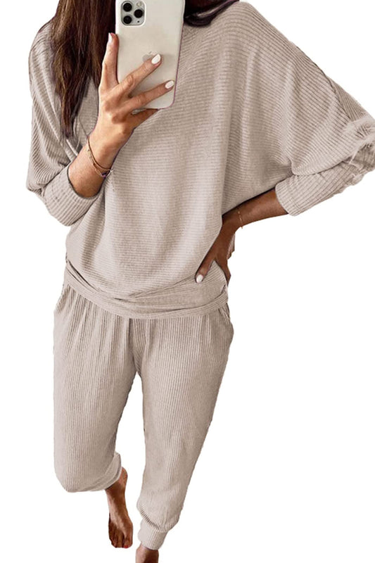 PRETTYGARDEN Women's Fall 2 Piece Lounge Set Long Sleeve Tops Ribbed Pants Spring Matching Sweatsuit Travel Outfits Clothes (Apricot,X-Large)