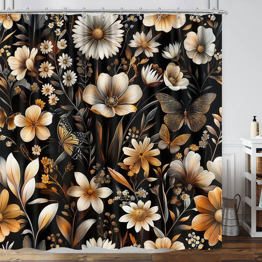 GOAOK Retro Rustic Floral Shower Curtain Boho Black and Gold Bathroom Decor, Vintage Dark Flowers Wildflower Plant Farmhouse Shower Curtain with Hooks Cute Aesthetic Bathroom Accessories Set, 72X72