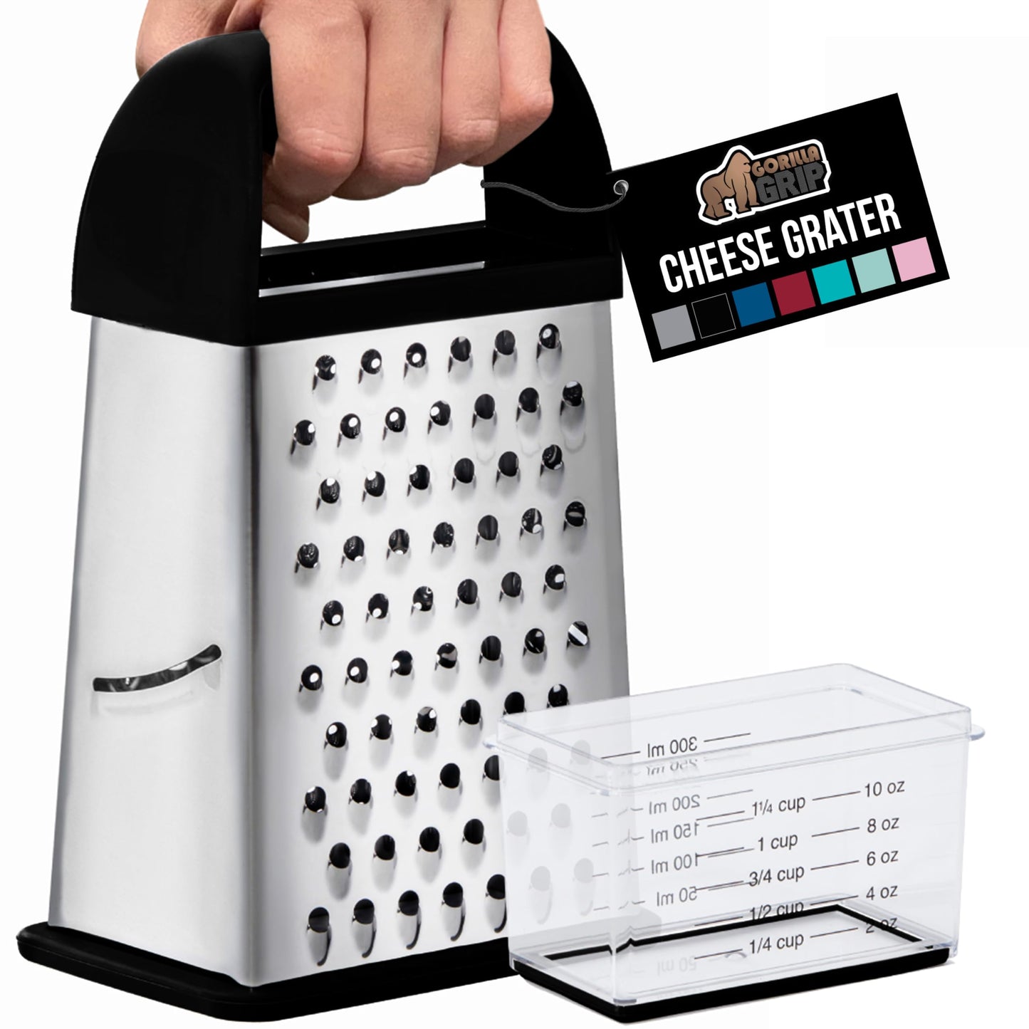 GORILLA GRIP XL 4-Sided Cheese Grater With Container, 100% BPA-Free Stainless Steel Box Graters, Parmesan Shredder, Grate Cheeses, Shred Veggies, Slip Resistant Handle, Dishwasher Safe Zester, Black