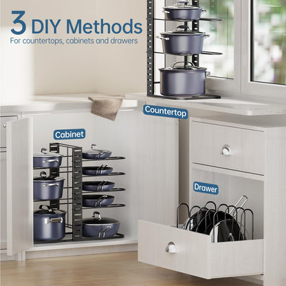 ORDORA Pots and Pans Organizer Under Cabinet 14.55 Height, Adjustable 8-Tier Pot Organizers inside Cabinet, Kitchen Organizers and Storage Fit 6-11 inch Lightweight Cookware