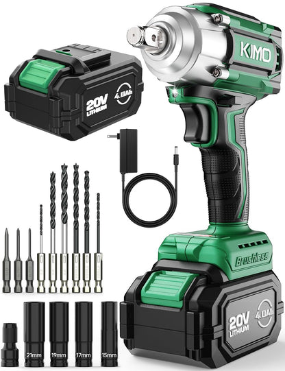 KIMO Impact Wrench 1/2, Max Torque 406ft-lbs (550N.m) & 3000RPM /Premium Brake Stop, 9-Piece Drill & Serewdriver Set, 4 Sockets, Cordless Impact Wrench with 4000mAh Battery, Impact Driver for CarTires