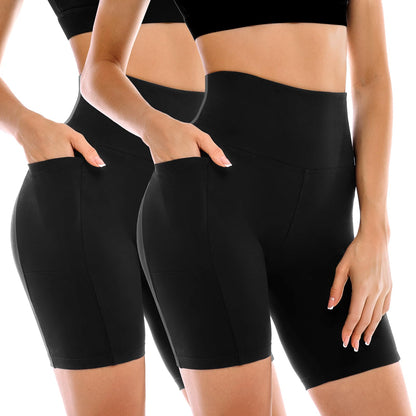 Leafigure 2 Pack Womens Biker Shorts with Pockets, High Waisted Tummy Control Yoga Shorts for Women Running Gym and Workout Black L-XL