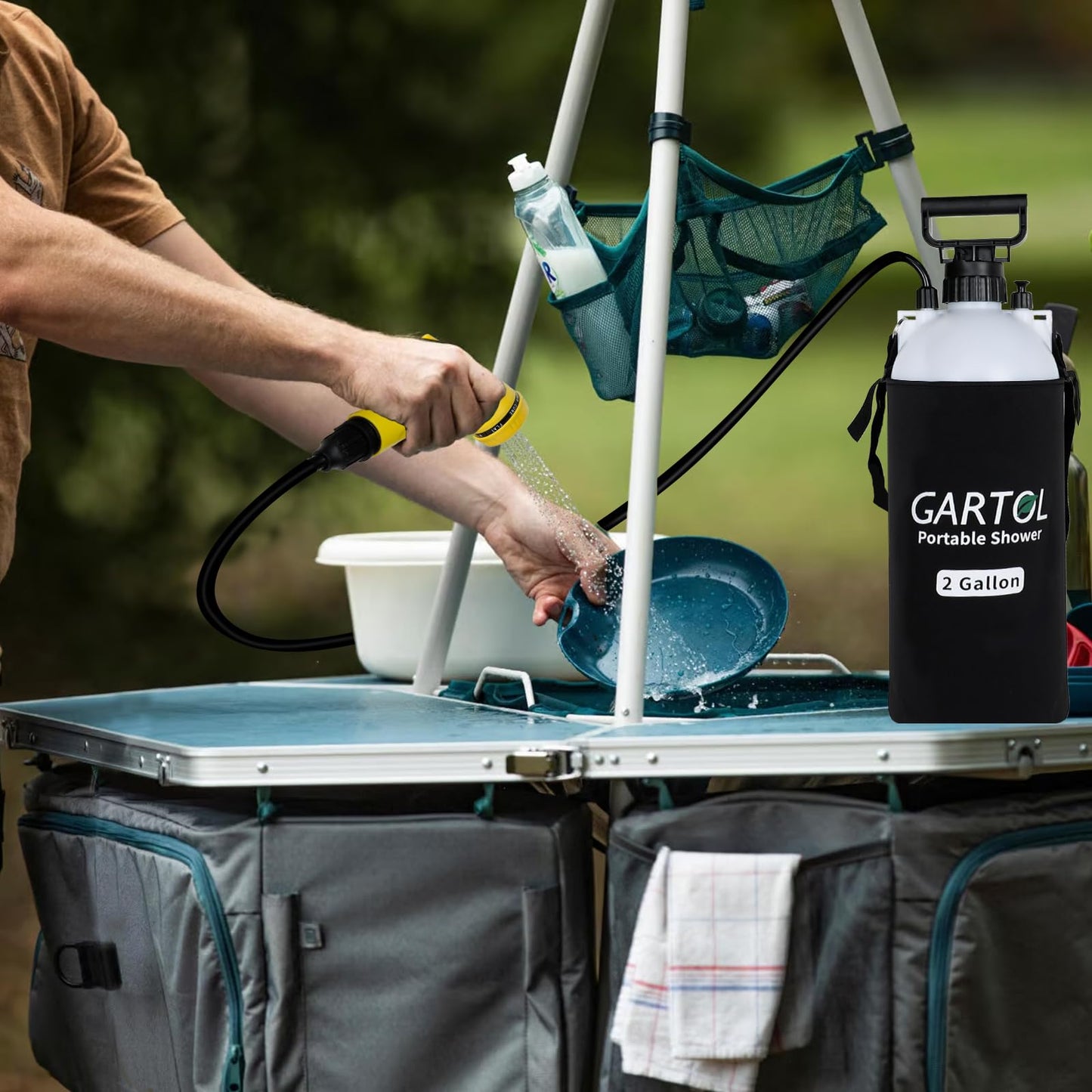 Gartol 2 Gallon Portable Shower with Handheld Showerhead, Silicone Bath Massage Brush, and Thermal Insulation Bag, High-Pressure Camping, Surf, Dog Shower Sprayer