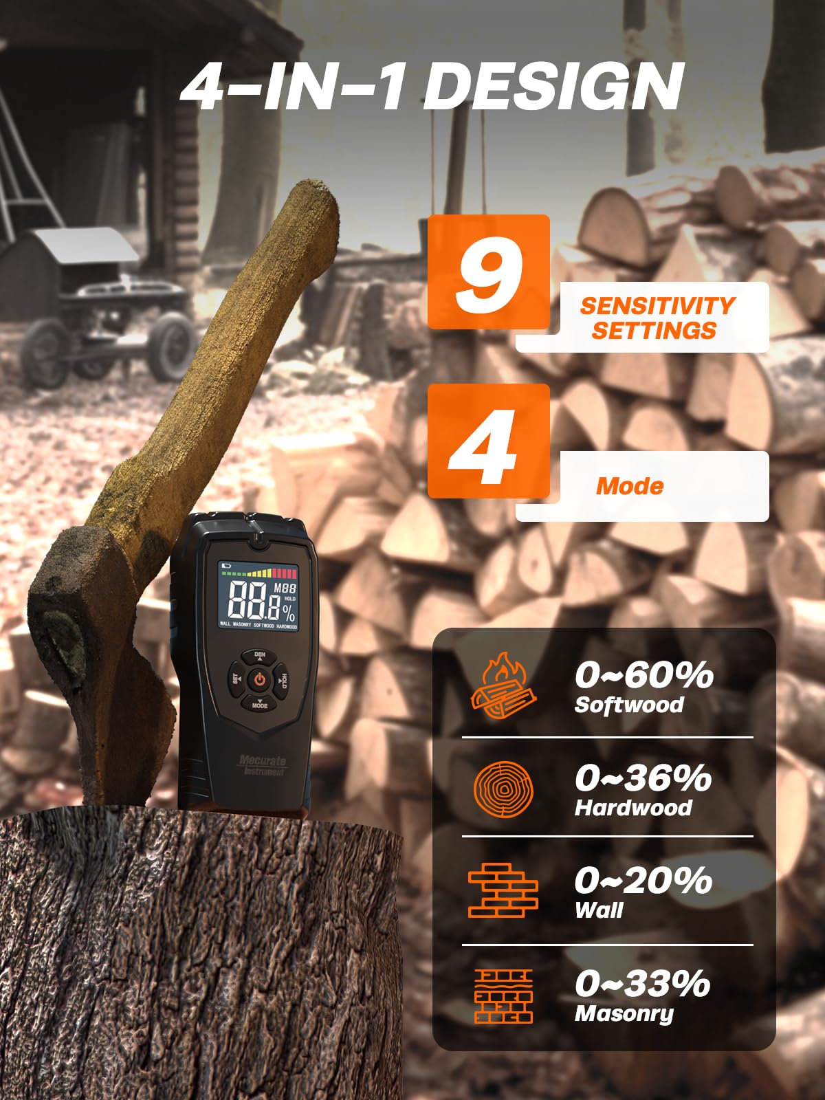 Moisture Meter Damp Meter Pinless Wood Moisture Meter for Walls Logs Firewood and Building Material, 4 Mode 9 Density Settings, Non-Destructive Moisture Detector with Backlit LCD and Alerts (Black)