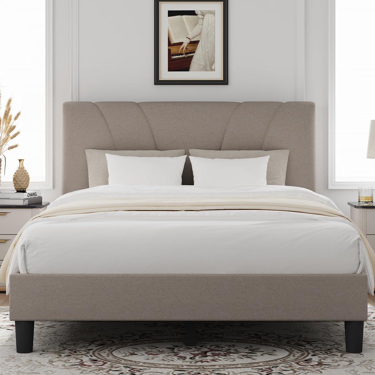 Novilla Full Size Bed Frame with Adjustable Headboard Platform Full Bed Frame with Linen Fabric Upholstered Headboard, No Box Spring Needed, Noise-Free, Wooden Slats Support, Easy Assembly, Beige