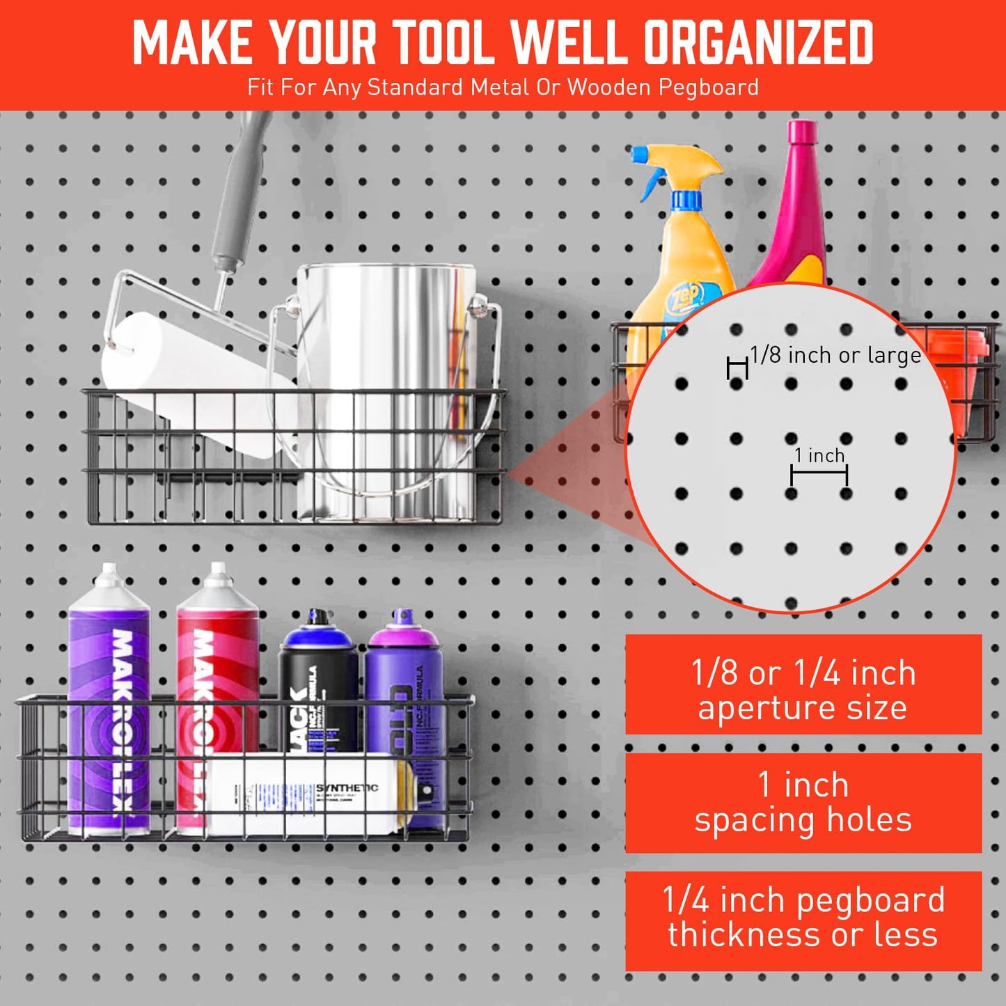 HORUSDY Peg Board Bins and Baskets | 4 Pack | Square Style 4 Size Pegboard Baskets and Pegboard Bins for Organize Workbenches, Accessories