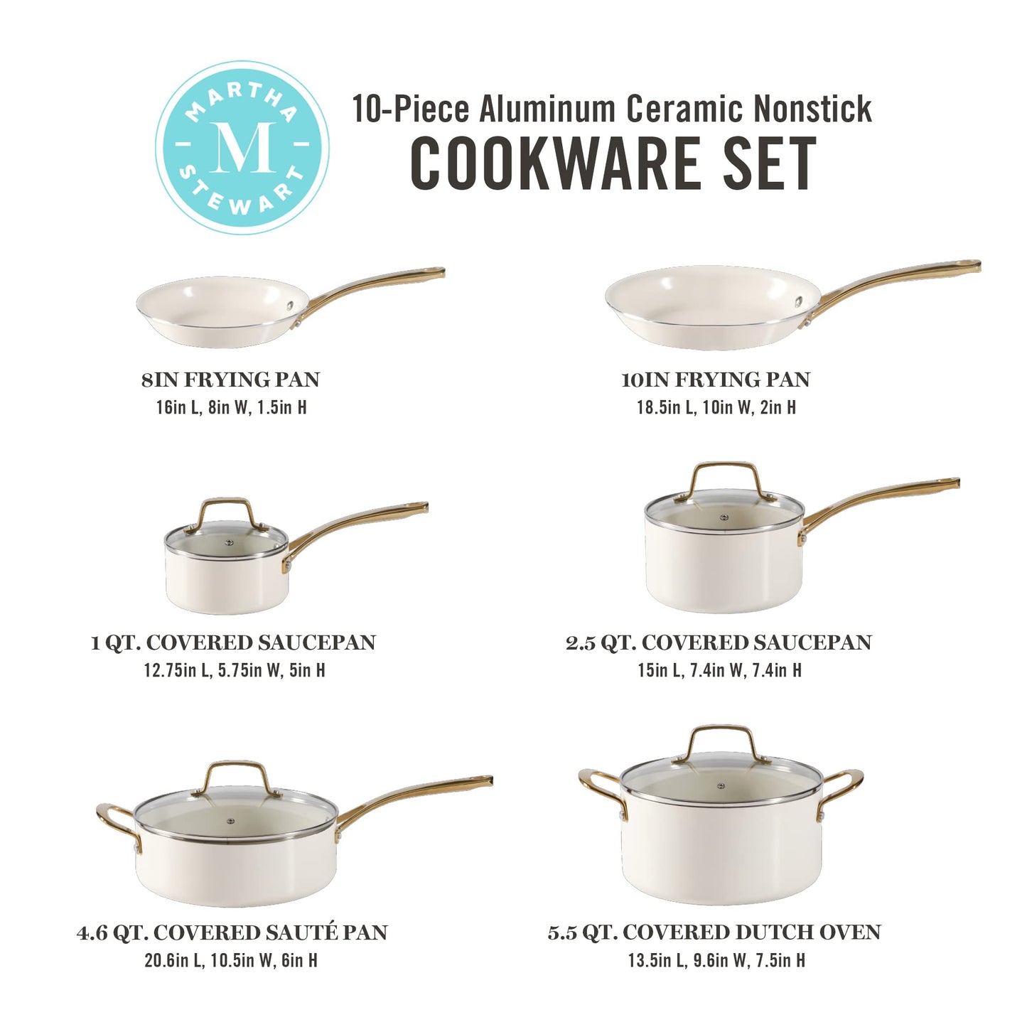 Martha Stewart Lockton Premium Non stick Non Toxic PFA Free Ceramic Interior 10 Piece Heavy Gauge Enamel Aluminum Pots and Pans Cookware Set - Linen White w/Gold Handle