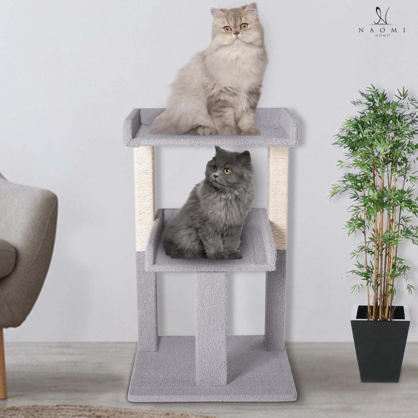 Lulu Cat Tree Tower - 2 Tier Cat condo for Large Cats Tower with Scratching Post Multi - Level Tree for Large Indoor Cats by Naomi Home Gray