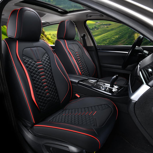Coverado Seat Covers Full Set, Waterproof Nappa Leather Seat Covers for Cars, 5 Seats Universal Car Seat Protectors, Black Car Seat Covers Car Seat Cushions Fit for Most Cars (Black&Red)