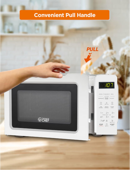 OMMERCIAL CHEF 0.7 Cubic Foot Microwave with 10 Power Levels, Small Microwave with Pull Handle, 700W Countertop up to 99 Minute Timer and Digital Display, White
