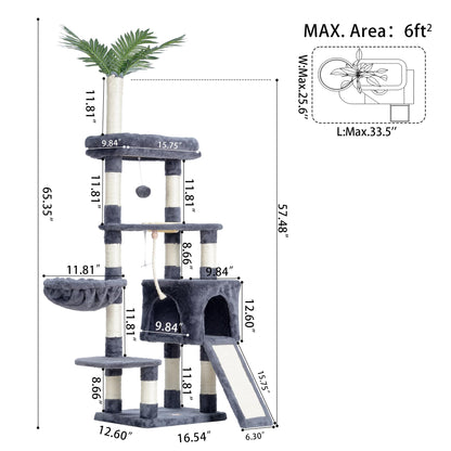 Heybly Cat Tree,Cat Tower for Indoor Cats, 65.4 inches Cat Condo with Perches, Basket, Feeding Bowl Station, Multi-Level Plush Furniture with Scratching Posts, Smoky Gray HCT015G