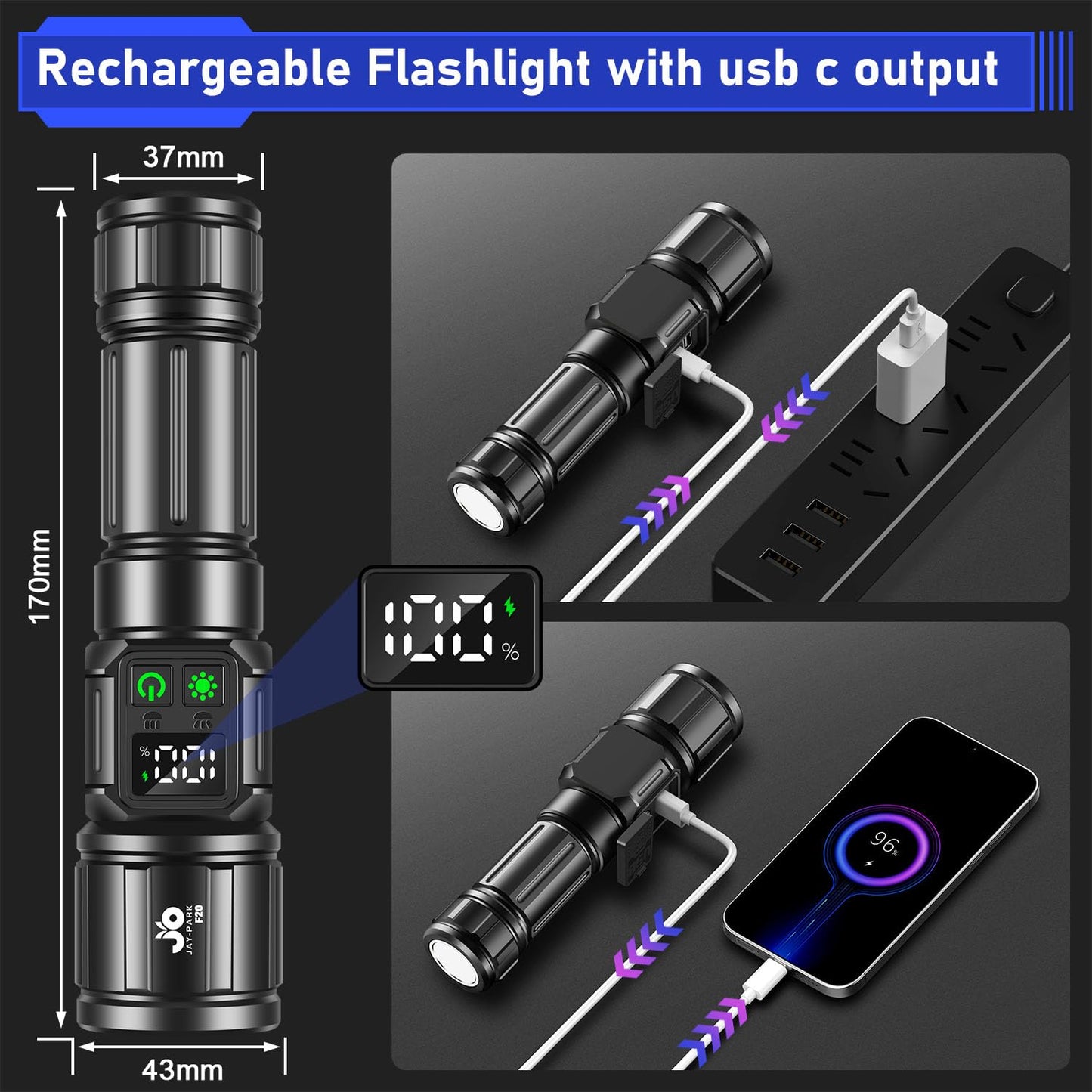 JAY-PARK Flashlights High Lumens, Rechargeable Flashlight 10000 Lumens with Magnetic, Bright Flash Light 9 Modes with 5000 mAh Battery, Tactical Flashlight for Camping, Hiking, Dog Walking