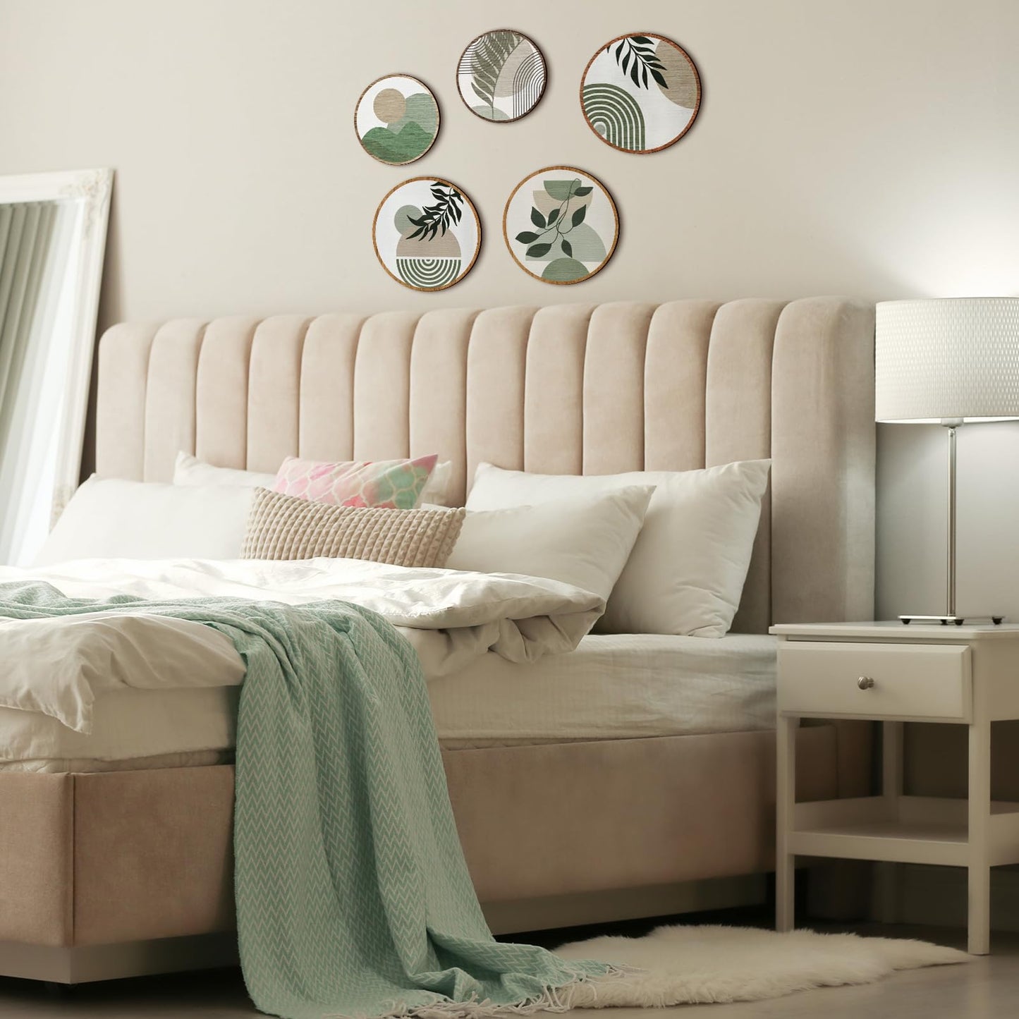 Qunclay 5 Pcs Wall Art Decor Wooden Living Room Wall Decor Bohemian Hanging Farmhouse Geometric 10'' and 8'' Aesthetic Wood Minimalist Posters for Bedroom(Greenery)