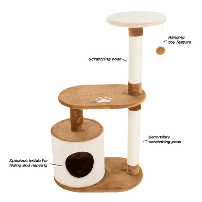 PETMAKER Cat Tree Condo 3 Tier with Condo and Scratching Posts, 37.5", Brown and Tan