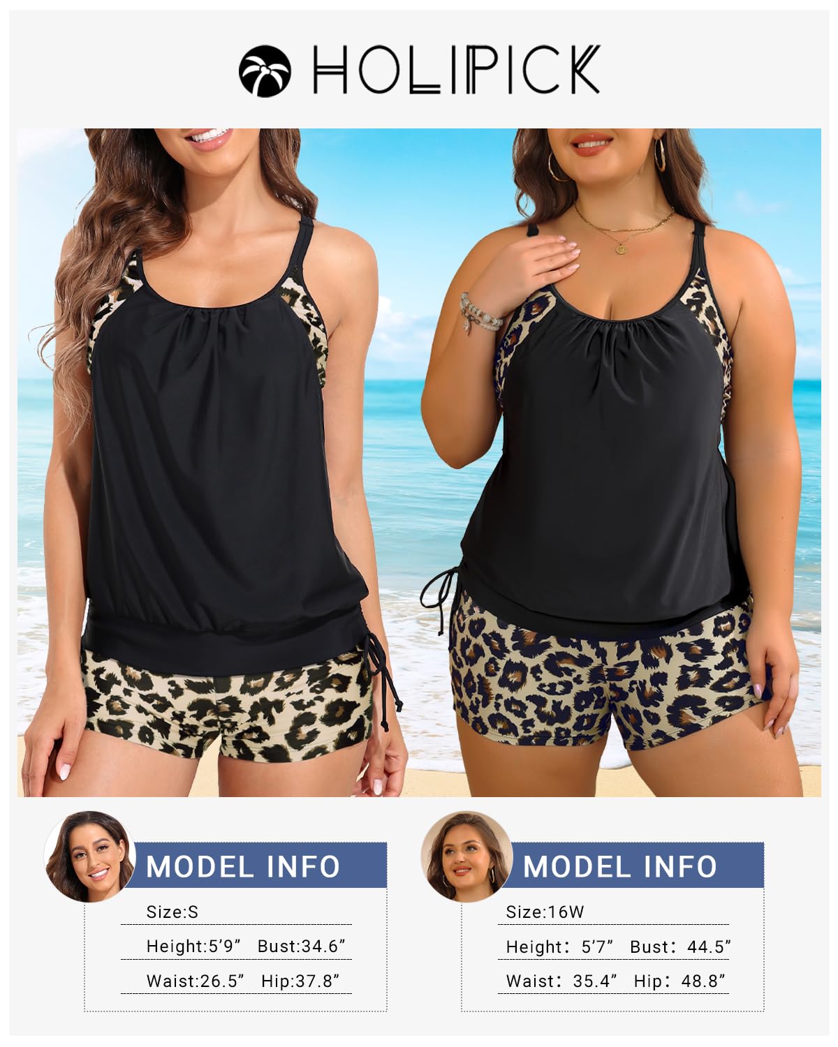 Holipick Leopard and Black Tankini Swimsuits for Women Two Piece Tummy Control Bathing Suits Blouson Tankini Top with Sporty Boy Shorts M