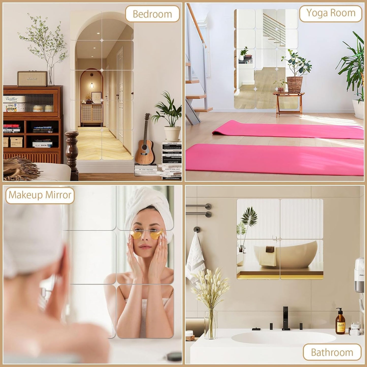 JUNEBRUSHS 4 Pack Self Adhesive Acrylic Mirror, 8 x 8 Inch Mirror Tiles,Flexible Plastic Mirror Sheets Wall Stickers,2MM Thick Mirrors