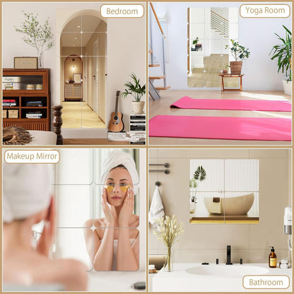 JUNEBRUSHS 4 Pack Self Adhesive Acrylic Mirror, 8 x 8 Inch Mirror Tiles,Flexible Plastic Mirror Sheets Wall Stickers,2MM Thick Mirrors