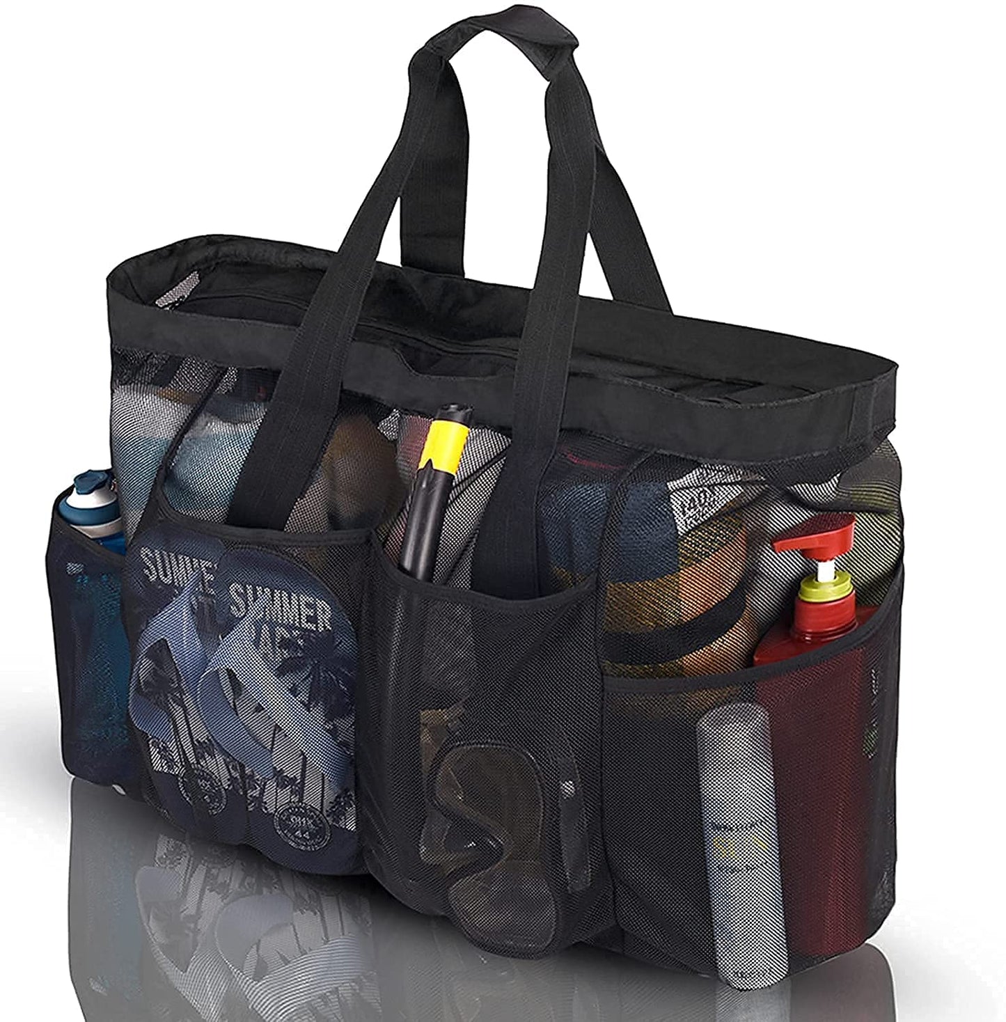 GOTDYA Extra Large Beach Bag, XL Mesh Tote with Zipper and Pockets Ideal for Your Family Lake/Cruise/Beach Vacation Essentials-Black
