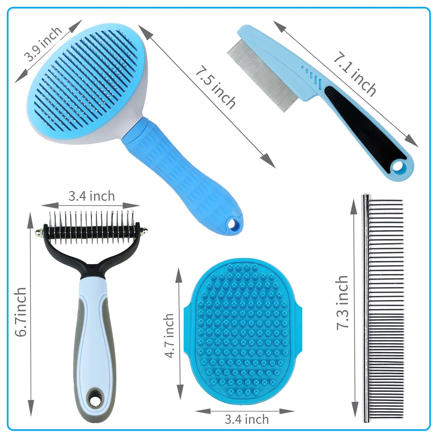 MASTER QUEEN Dog Brush Grooming Kit 5PCS - Dog Brushes for Grooming, Dog Brush for Shedding,Puppy Brush and Flea Comb for Dogs, Slicker Brush Comb and Dog Hair Brush Set Blue