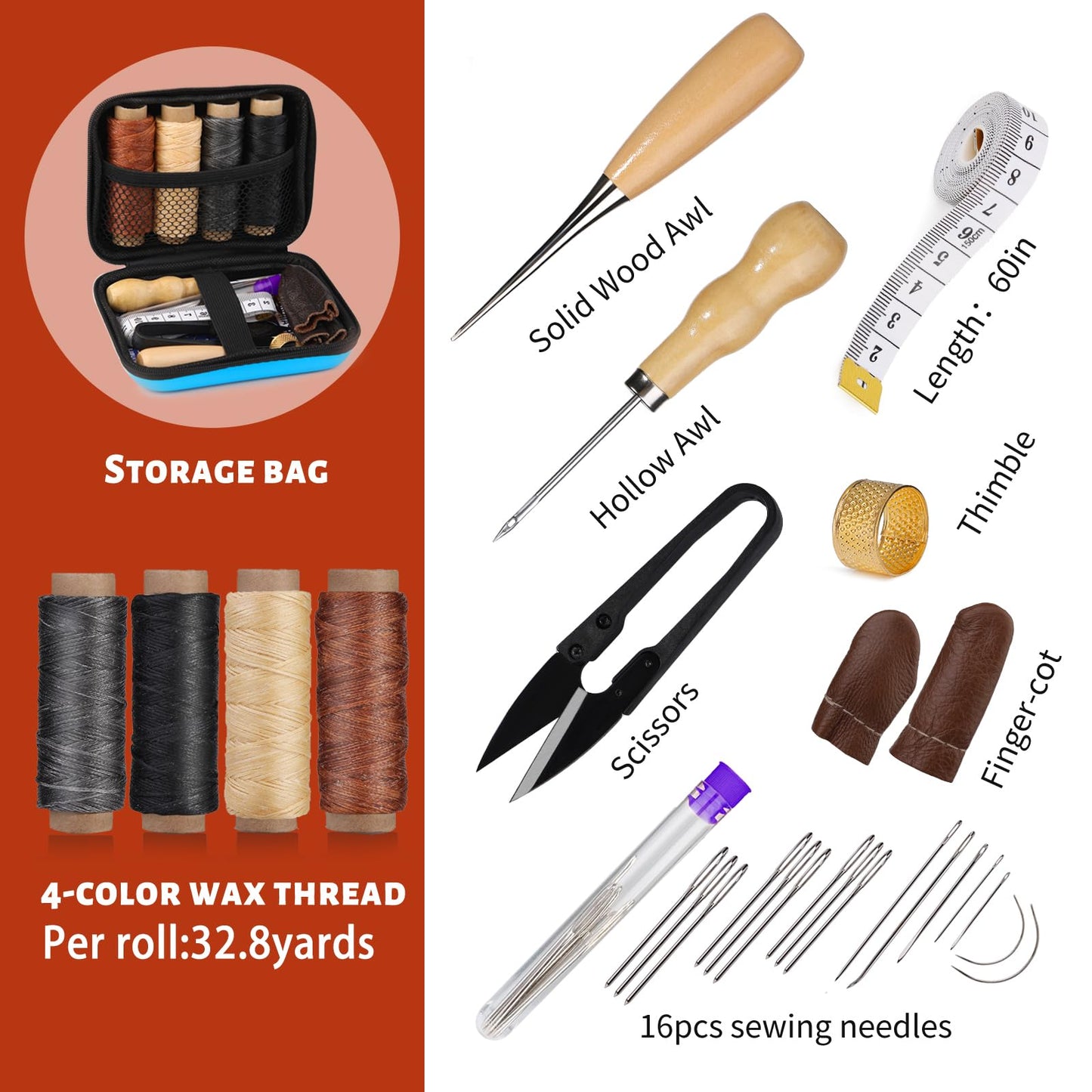 MORFEN Leather Sewing Kit, Leather Stitching Kit with Sewing Awl, Needles, Waxed Thread, Upholstery Repair Kit, Heavy Duty Sewing Tools for Hand Stitching Car Seats, Sofa, Carpets, Shoes, DIY Craft
