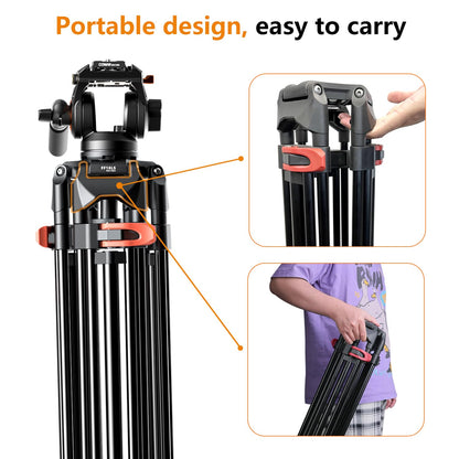 Heavy Duty Tripod Professional Video Tripod Aluminium 72inch with 360 Degree Fluid Head for Canon Nikon DSLR Camcorder Cameras Spotting Scopes
