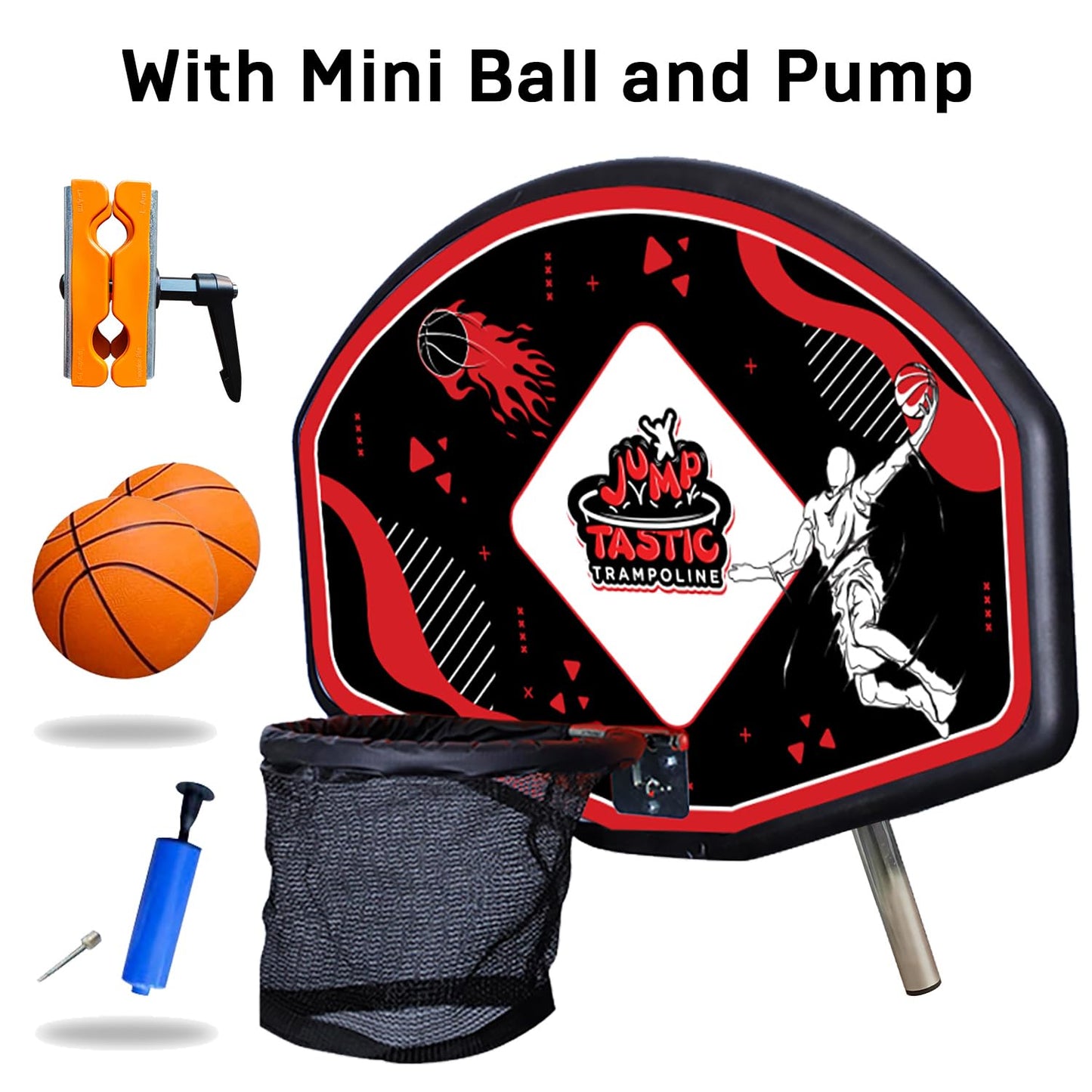 Jump Tastic Trampoline Trampoline Basketball Hoop, Fits Straight and Curved Pole Basketball Hoop for Trampoline, Universal Attachment with Mini Ball and Pump