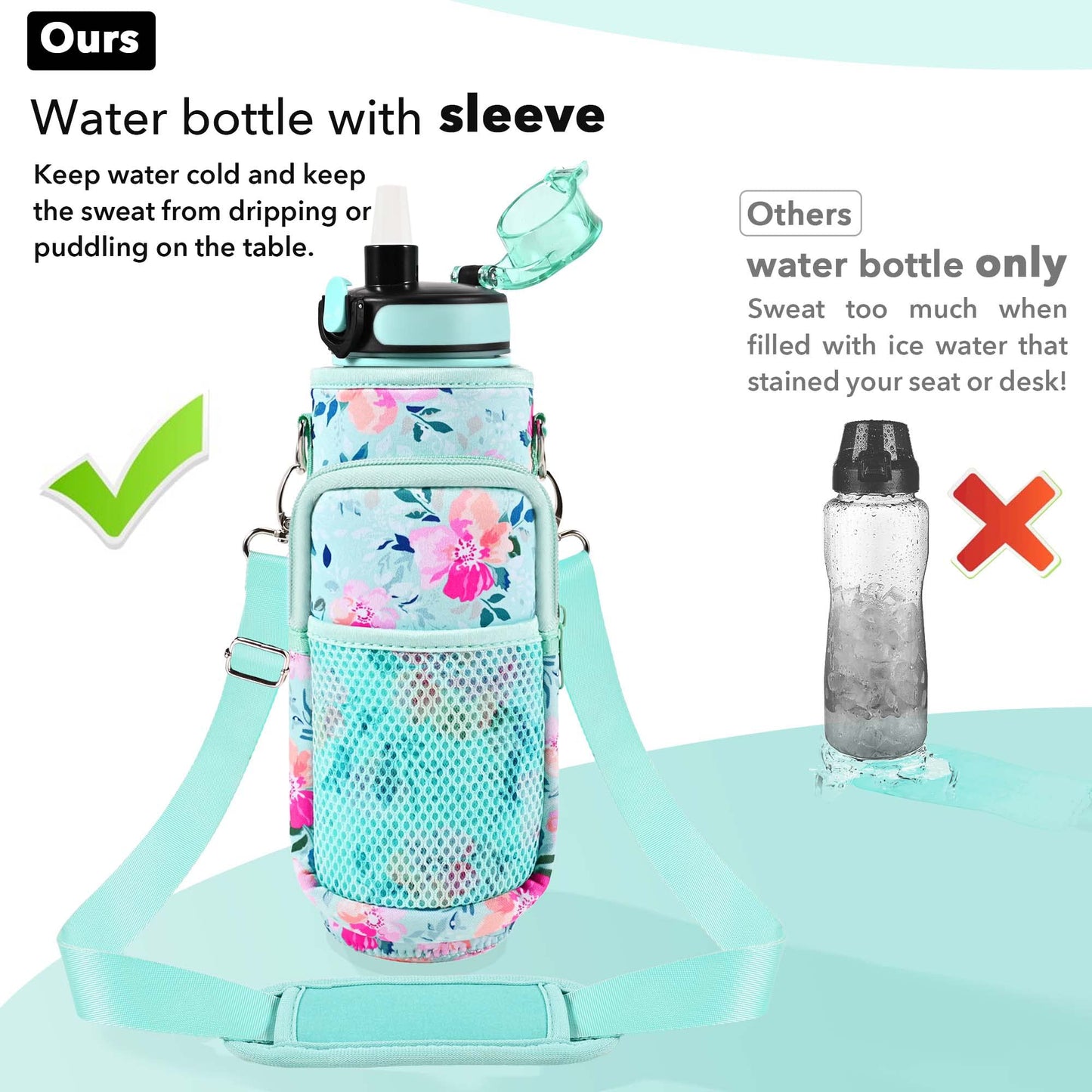 Newfad 32 oz Water Bottles with Straw & Strap, Motivational with Times to Drink, BPA Free Reusable Sports Water Bottle with Sleeve for Hiking, Travel, Running or Fitness (Spring Bouquet)