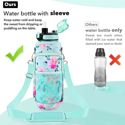 Newfad 32 oz Water Bottles with Straw & Strap, Motivational with Times to Drink, BPA Free Reusable Sports Water Bottle with Sleeve for Hiking, Travel, Running or Fitness (Spring Bouquet)