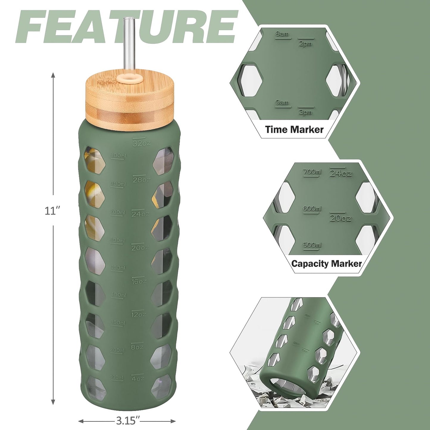 MUKOKO Glass Water Bottles, 32oz Glass Tumbler with Straw, Drinking Bottles with 2 Lids-Handle Spout Lid&Bamboo Straw Lid, Motivational Water Bottle with Time Marker and Silicone Sleeve, 1 Pack-Olive