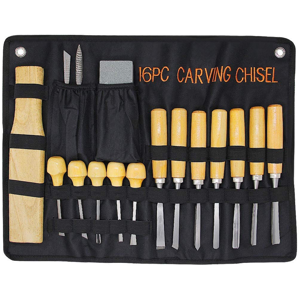 Lulu Home Wood Carving Tools, 16PCS Professional Carving Knife Tool Set for Woodworking Premium Wood Handle with Chisel Gouge Whetstones