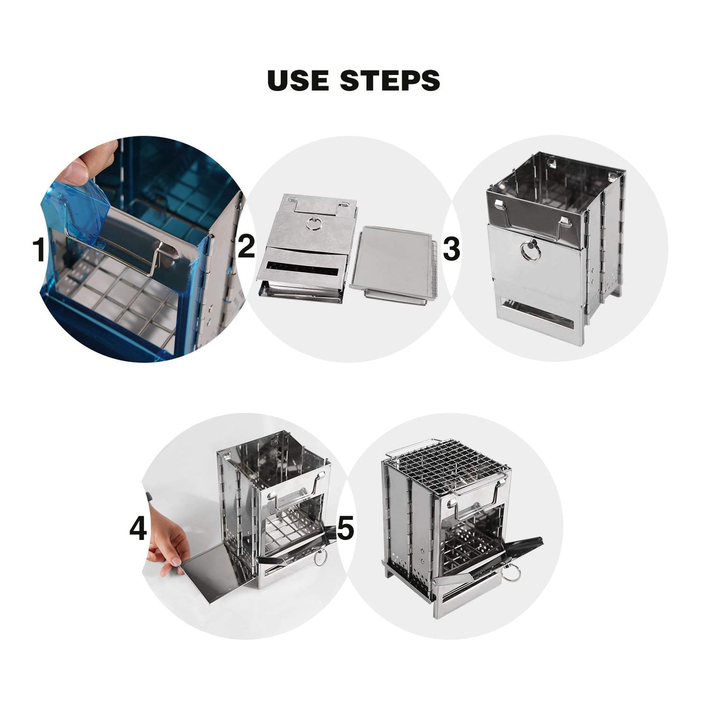 REDCAMP Wood Burning Folding Camp Stove Stainless Steel Grid, Portable Collapsible Backpacking Stove Survival Rocket Stove for Hiking Outdoor Tent Camping Picnic BBQ, Samll