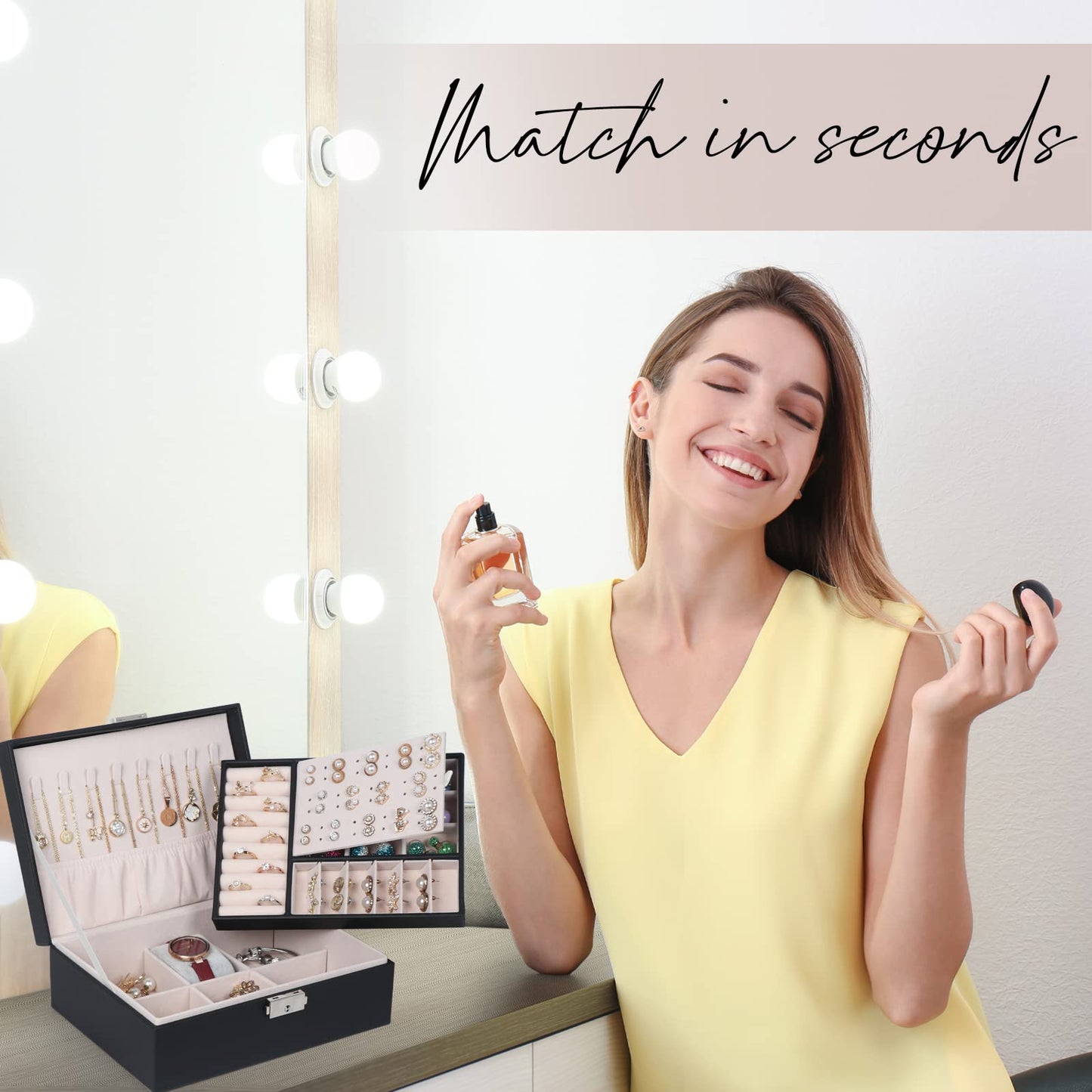 Jewelry Box for Women Girls, 2 Layers Jewelry Organizer Container with Lock, PU Leather Storage Case with Removable Tray, Jewelry Display Box for Necklaces Earrings Bracelets Rings Watches - Black