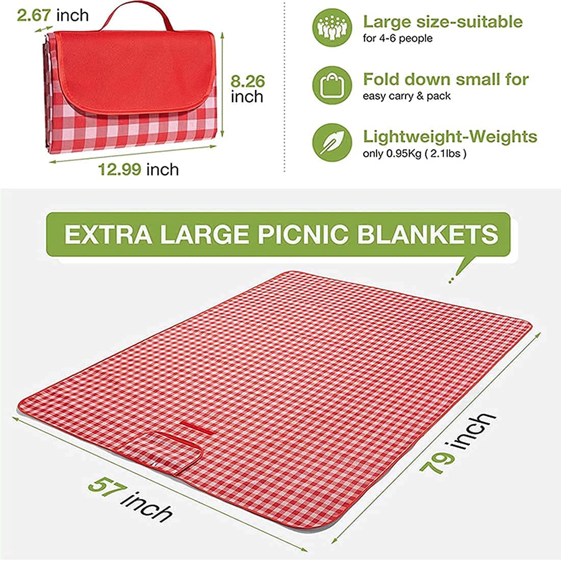 Picnic Blanket|Beach Mat|Picnic Blanket for Indoor and Outdoor, 80" x 60" Sandproof Waterproof Larger Mat for Beach, Travel, Camping, Hiking, Park Grass,Handy Mat Tote, Foldable. (Red Plaids)