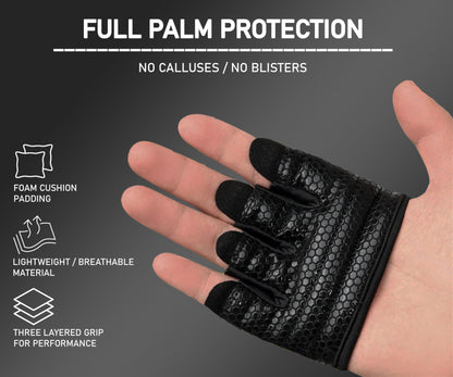 FITNESS FORCE Workout Gloves for Men & Women Partial Weight Lifting Gloves Non-Slip Gym Gloves Lifting Grip Calluses Guard Fingerless Exercise Gloves with Full Palm Protection (Black, Medium)