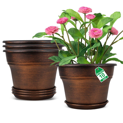 10 Inch Planters Plant Pots Indoor Outdoor, 4 Pack Plastic Flower Pot for Indoor Plants with Drainage Holes & Trays, Resin Decorative Container Sets with Saucer for House Garden Copper