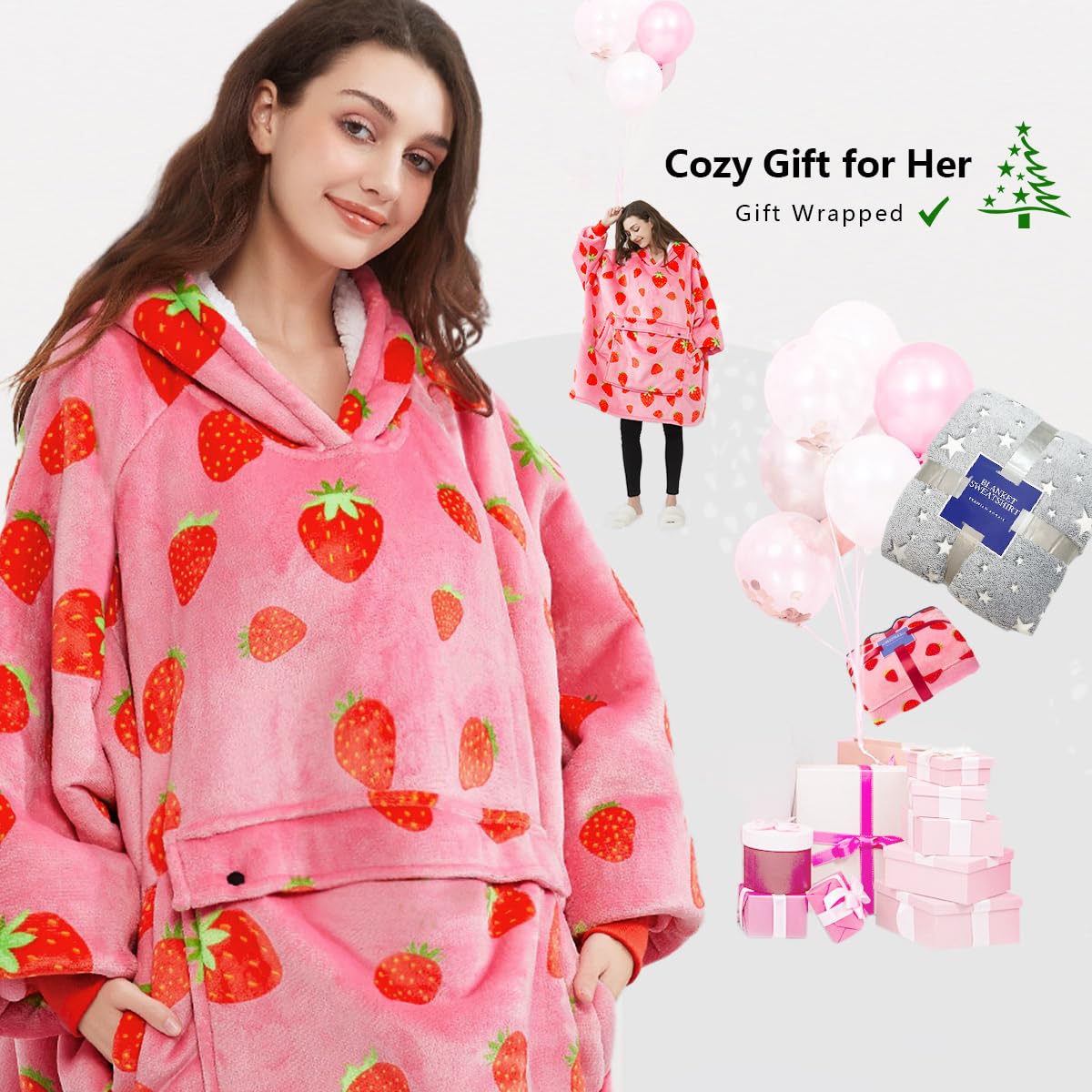 KFUBUO Wearable Blanket Hoodie for Adults Sherpa All Patterns Oversized Sweatshirt Blanket with Pockets Cute Birthday Gifts for Sister Strawberry