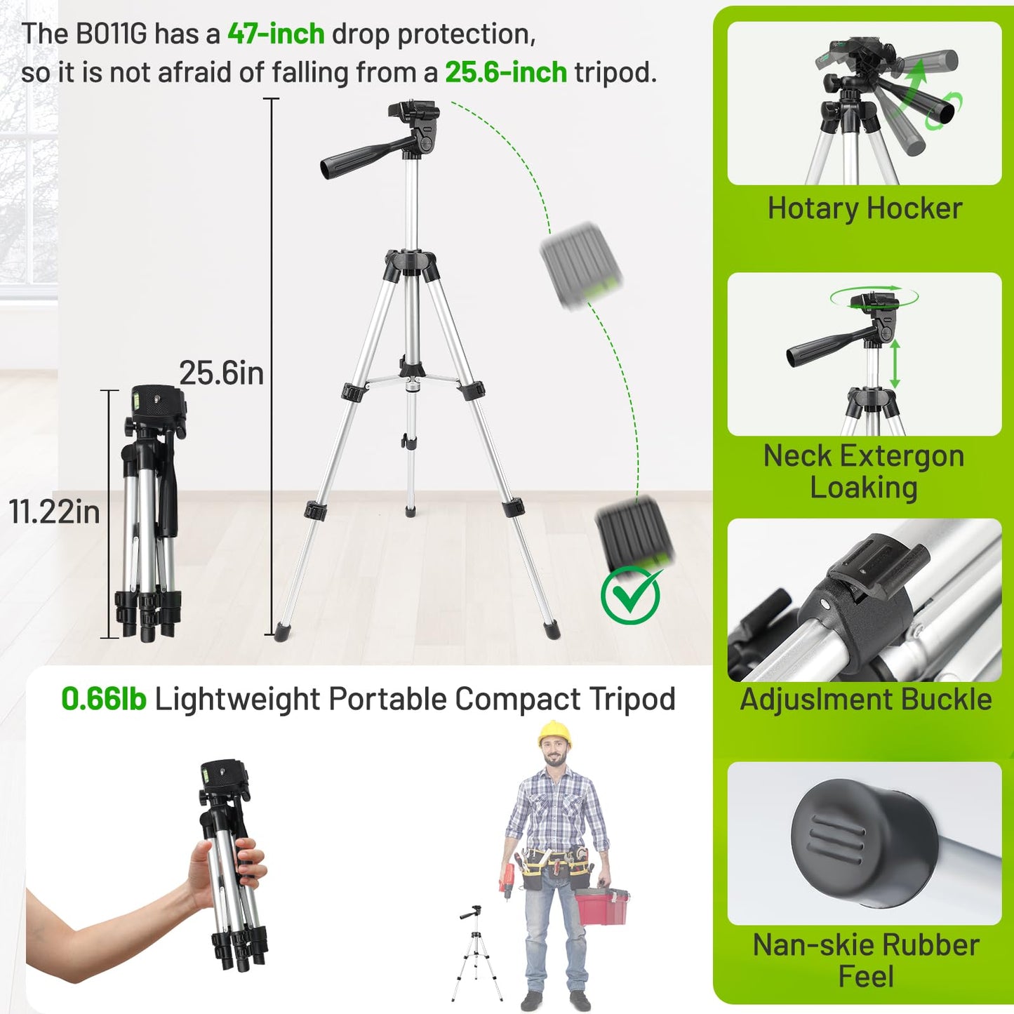 Laser Level with Tripod, Huepar 100Ft Self Leveling Green Cross Line DIY Laser Leveler Tool for Picture Hanging Floor Tile Wall Home Renovation, Gift for Him Father Husband Boyfriend (25.6in Tripod)