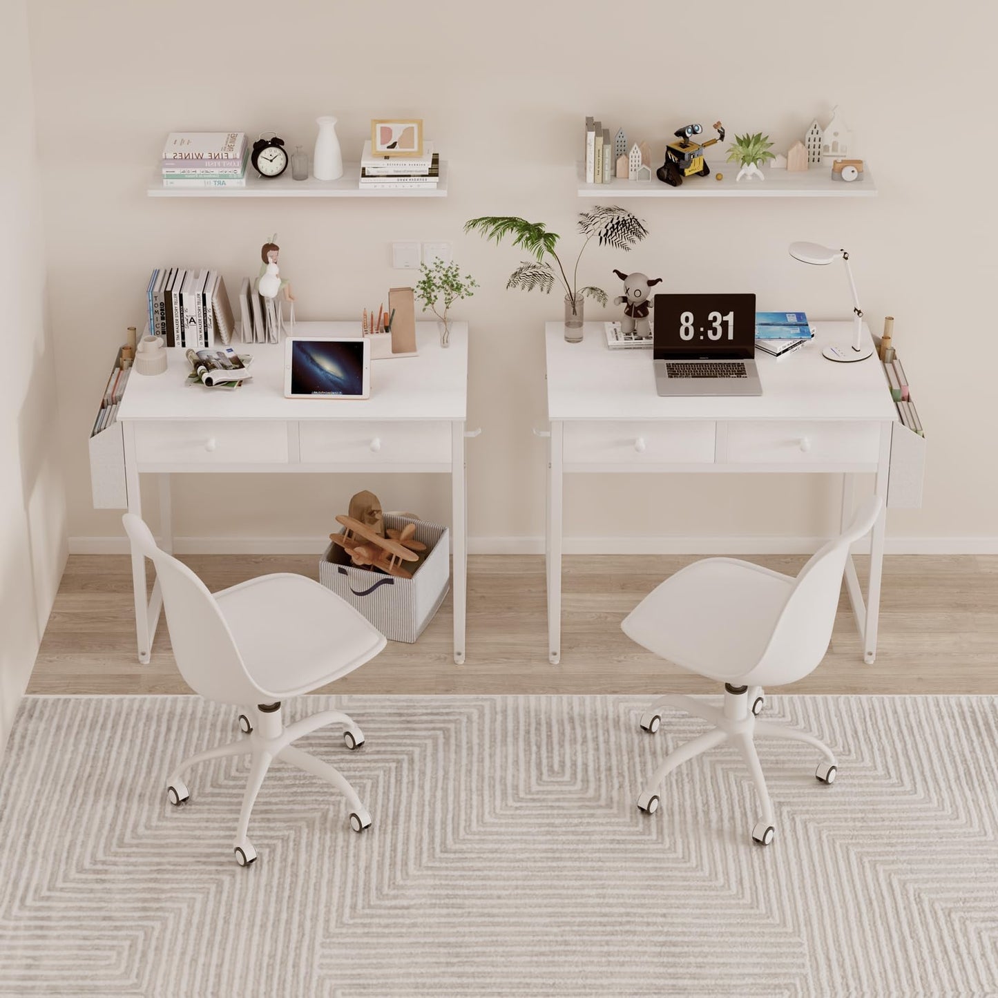 Lufeiya Small White Desk with Drawers - for Bedroom, 32 Inch Home Office Computer Desk with Fabric Storage Drawer and Bag, Study Writing Table for Small Spaces, White