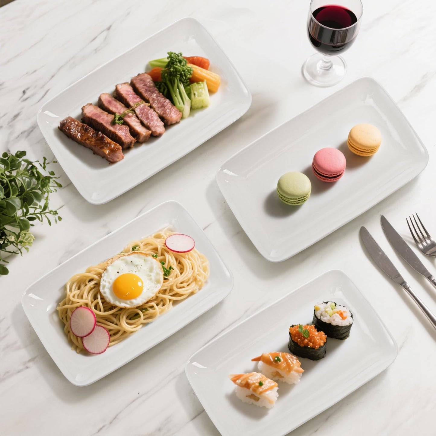 Foraineam 8 Pieces Rectangular Plates 8 Inch Porcelain Platters, Dessert, Appetizer, Salad Plates White Serving Trays