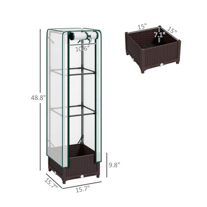 Outsunny Plastic Raised Garden Bed with Trellis, Outdoor Planter Box with PE Greenhouse Cover, Drainage Holes and Zipper Door for Climbing Plants, Herbs and Vegetables, 15.7" x 15.7" x 48.8", Brown